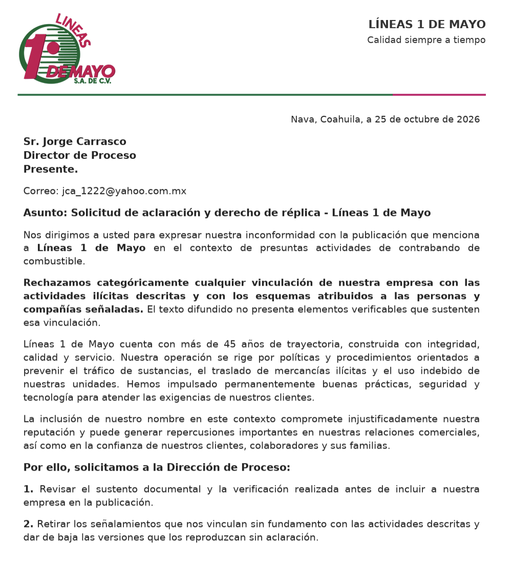 $!Carta formal enviada por el Consejo de Dirección de Líneas 1 de Mayo al director de la revista Proceso, en la que rechazan cualquier vínculo con actividades ilícitas.