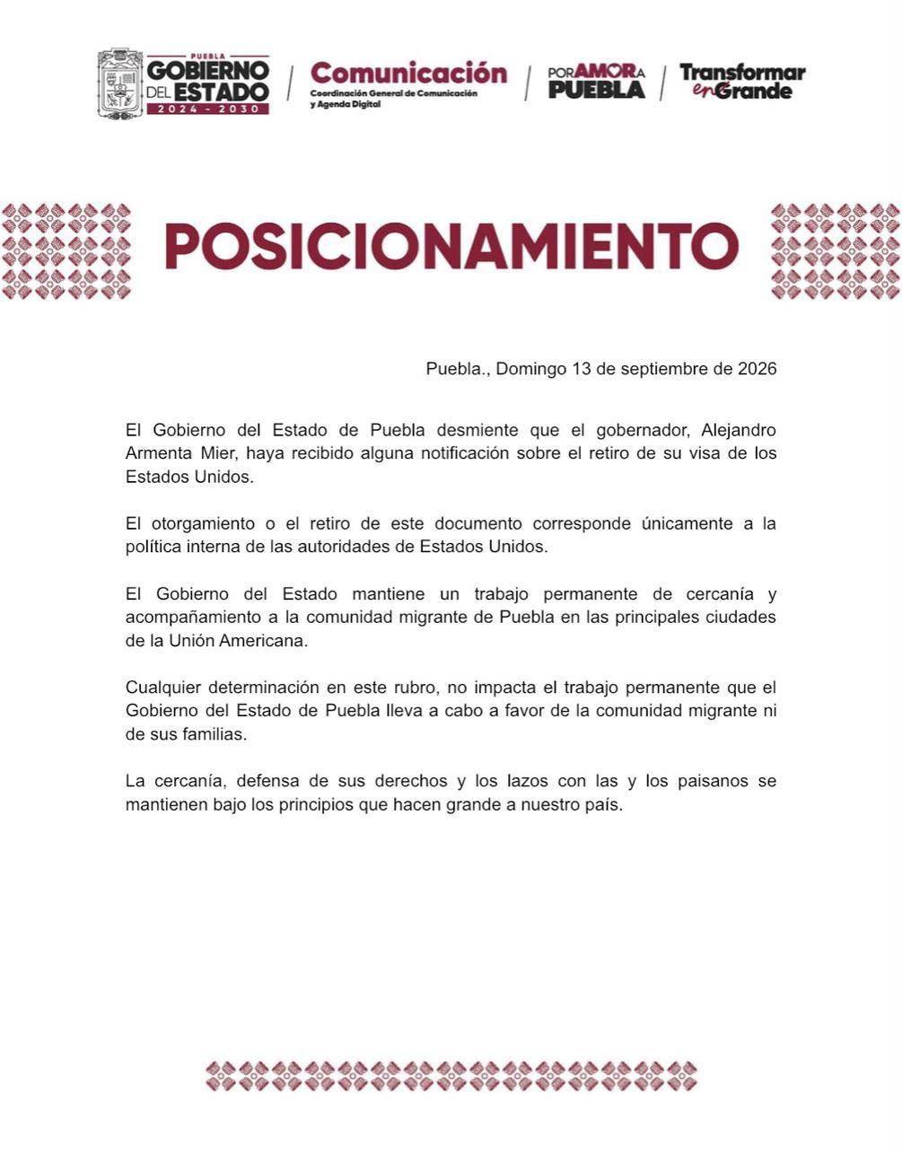 $!Armenta niega retiro de visa de EU; Gobierno de Puebla también desmiente la versión