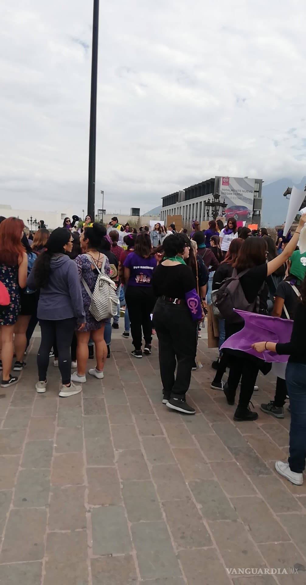 $!Mujeres 'pintan' de morado la Macroplaza de Monterrey