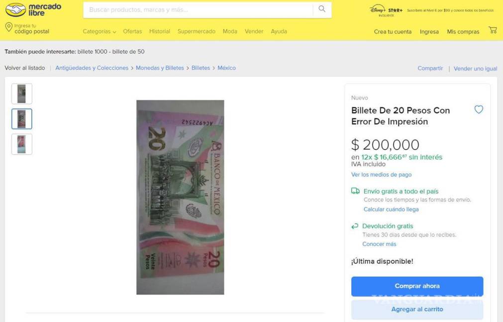 $!Este billete de $20 se está vendiendo en 200 mil pesos por un pequeño error