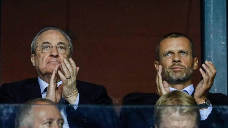Aleksander Čeferin y Florentino Pérez tras firmaron un acuerdo histórico que pone fin a la disputa por la Superliga europea y sella la paz entre la UEFA y el Real Madrid.