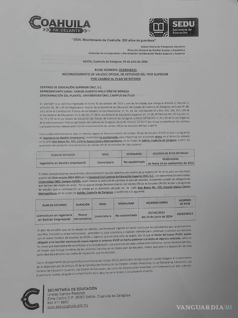 $!RVOE de la Universidad CNCI de la carrera Ingeniería en Gestión Empresarial.