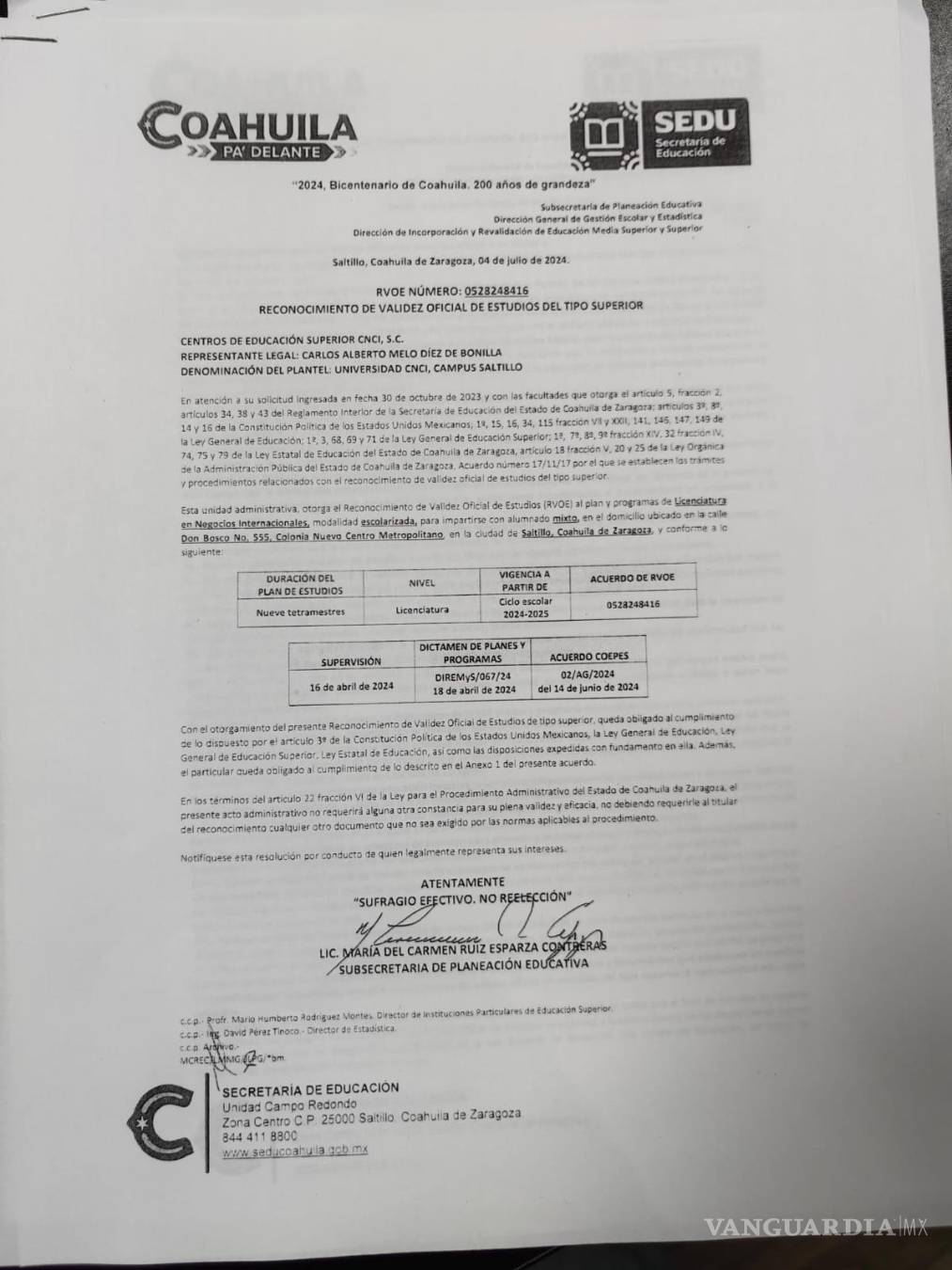 $!RVOE de la Universidad CNCI de la carrera de Licenciatura en Negocios Internacionales.