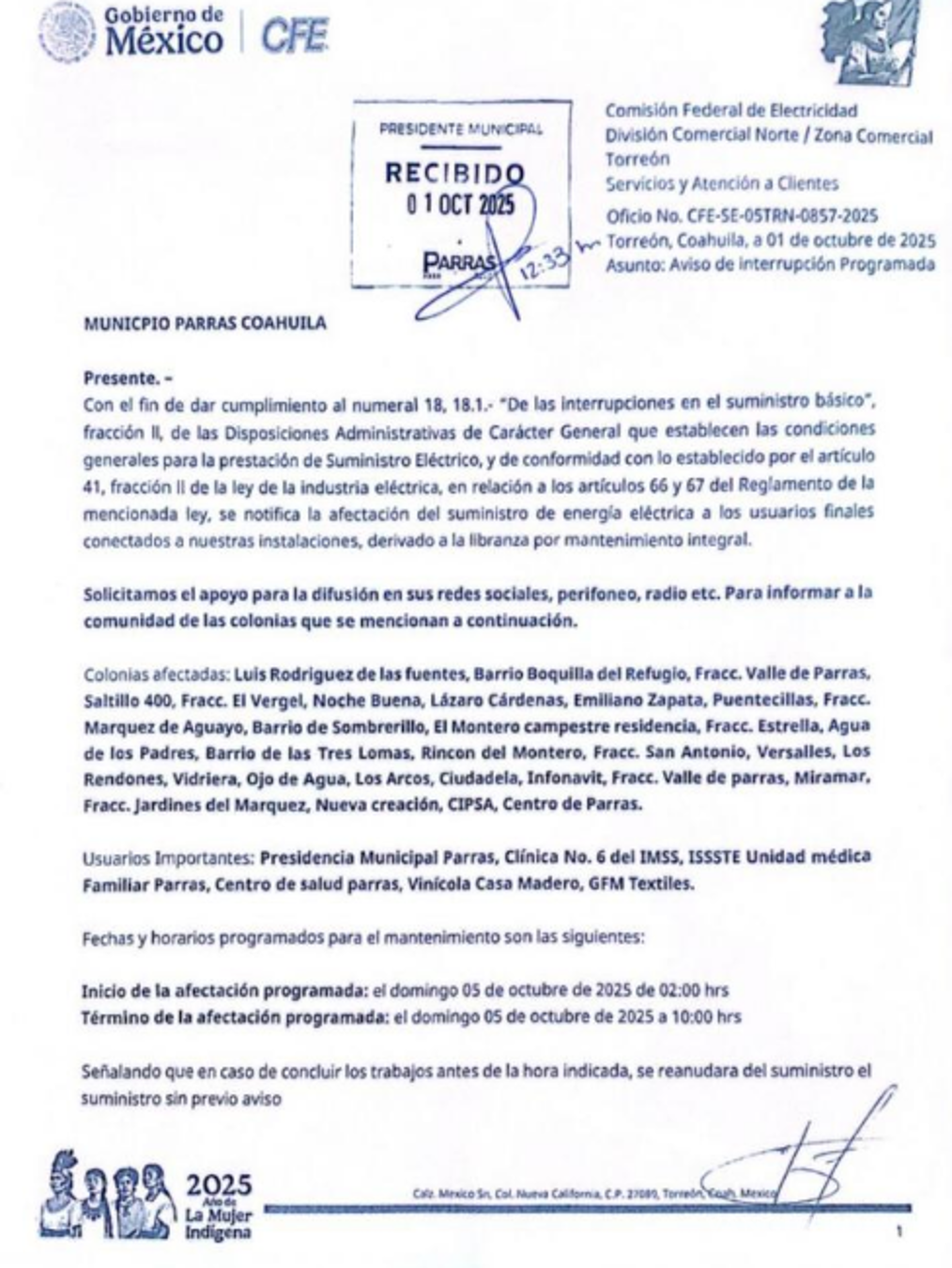 $!Entre las colonias que sufrirán la interrupción del servicio destacan Luis Rodríguez de las Fuentes, Barrio Boquillas del Refugio, Fraccionamiento Valle de Parras, Saltillo 400, entre otras.