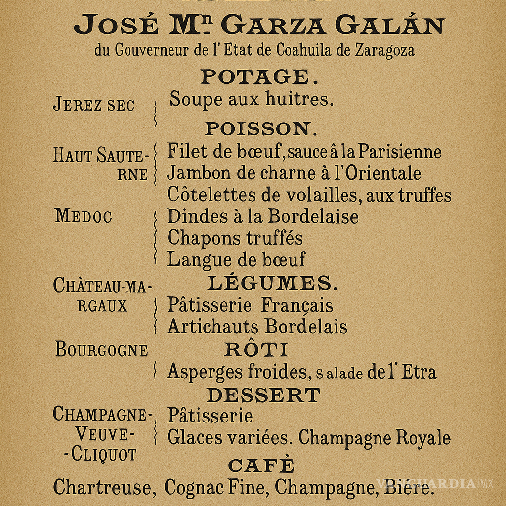 $!Menú en francés del banquete ofrecido por los “amigos” del gobernador Garza Galán el día 15 de diciembre de 1889.