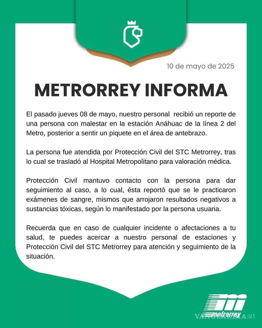 $!‘Pinchazo’ en metro de Monterrey: víctima sale negativa a sustancias tóxicas