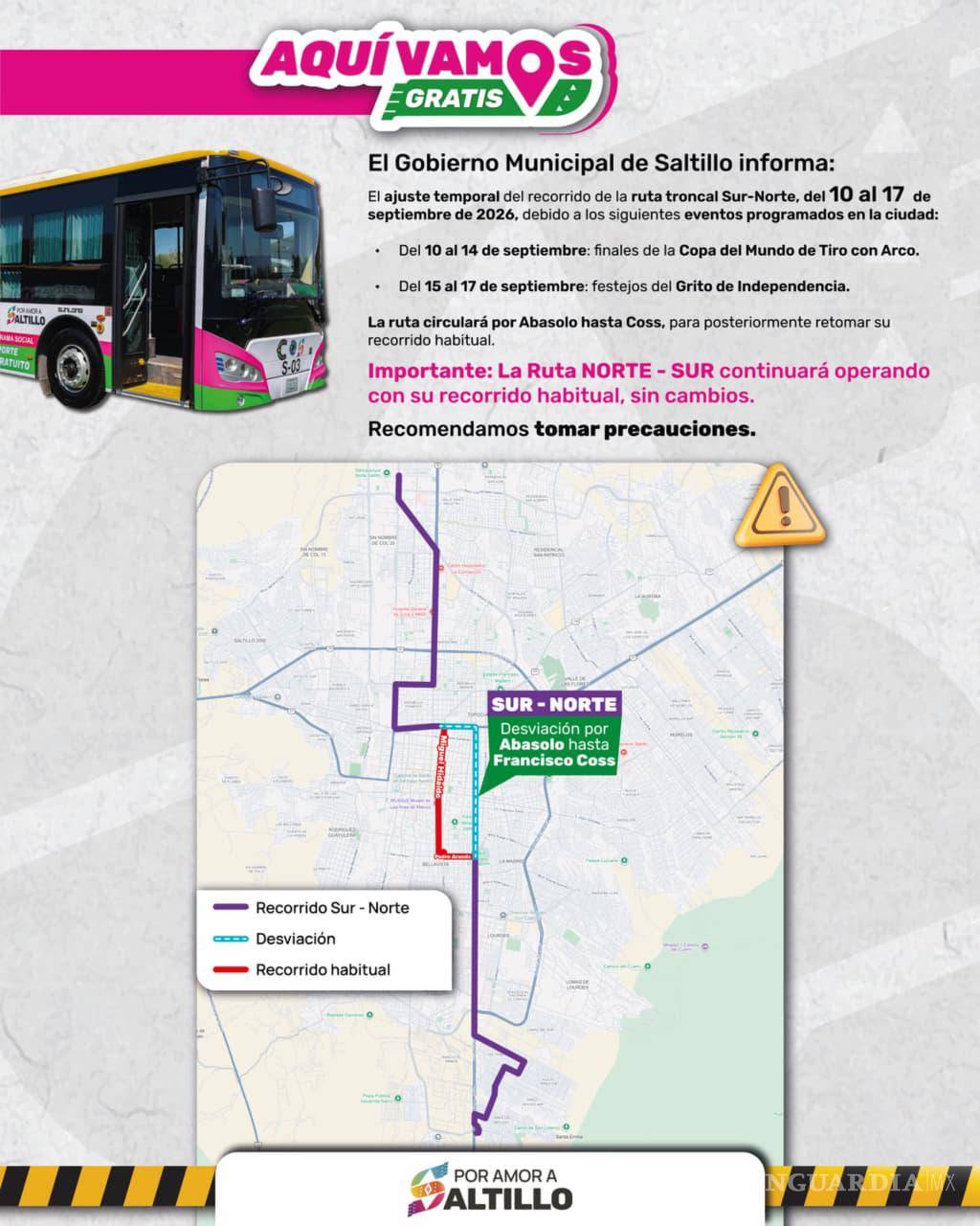 $!Ajustarán recorrido de ruta troncal Sur-Norte de Aquí Vamos Gratis por eventos y festejos patrios