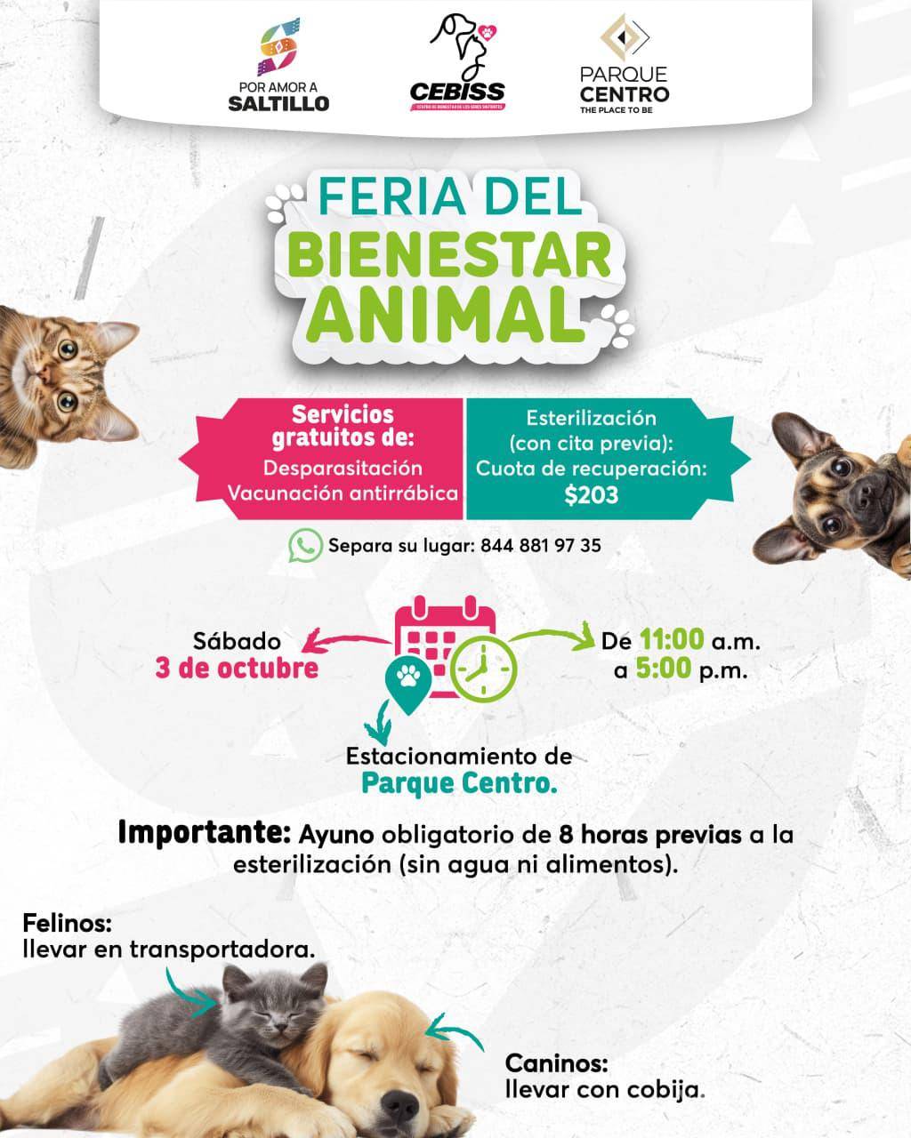 $!El CEBISS ofrecerá vacunación antirrábica y desparasitación gratuita, así como esterilizaciones por una cuota de recuperación de 203 pesos este sábado 3 de octubre en Parque Centro.