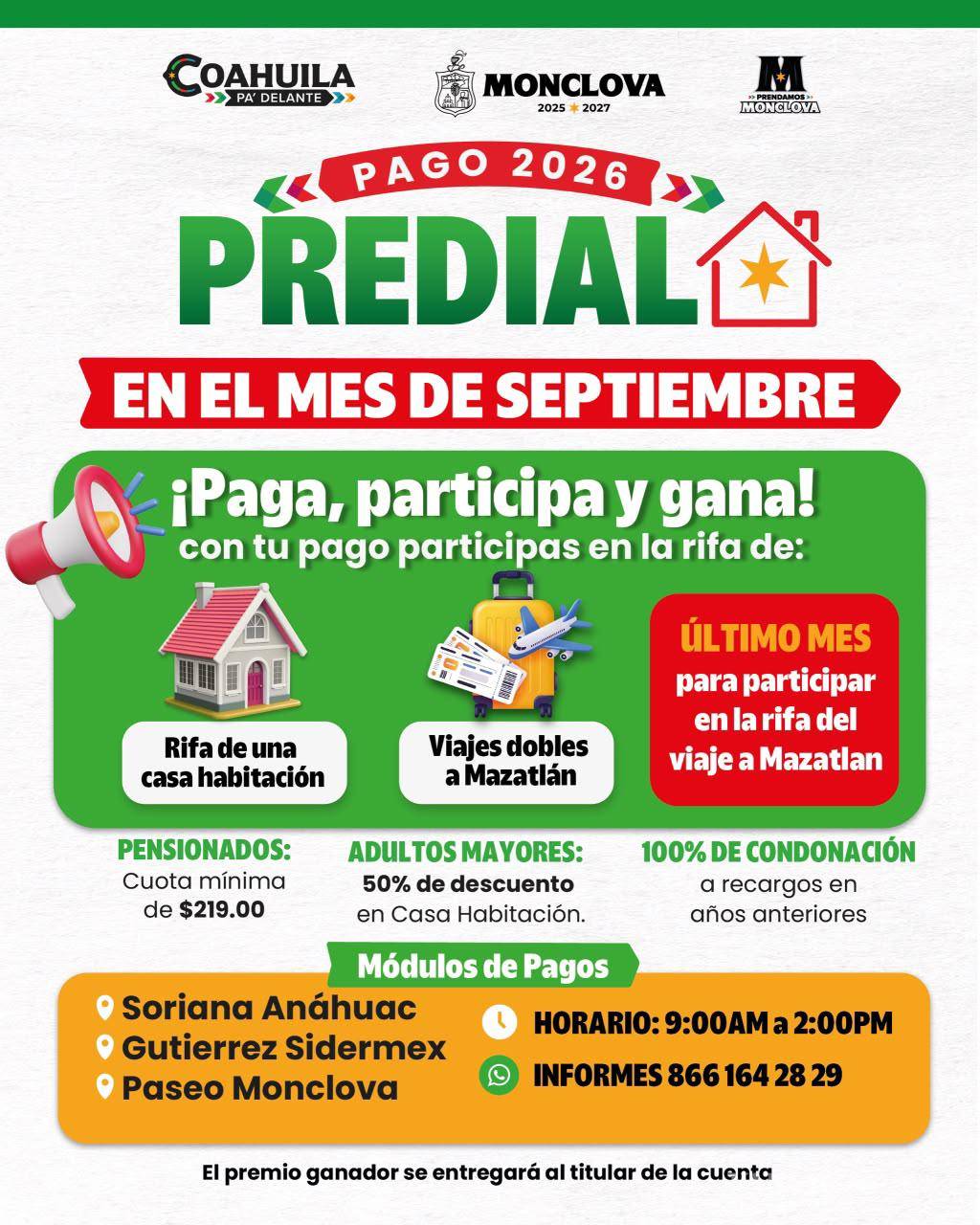 $!Monclova llama a pagar el Predial 2026; habrá viajes a Mazatlán y una casa en diciembre