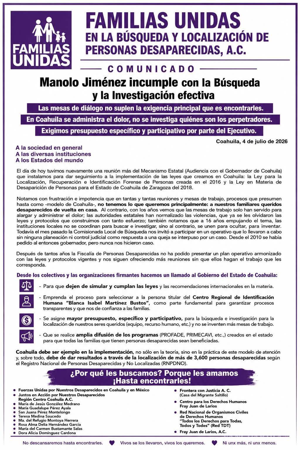 $!Los colectivos difundieron un pronunciamiento público en el que reiteraron sus exigencias de fortalecer las acciones de búsqueda e investigación.