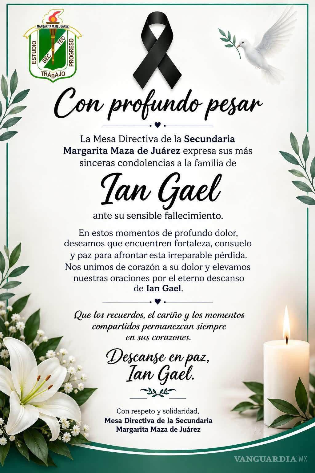 $!La comunidad de la Secundaria Margarita Maza de Juárez despidió a Ian Gael, estudiante de segundo grado que falleció tras un accidente vial registrado la noche del martes.