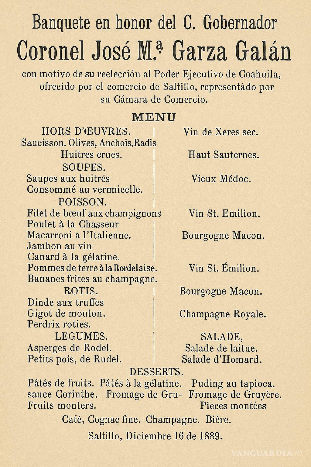 $!Menú ofrecido por los comerciantes el día 16 de diciembre de 1889.