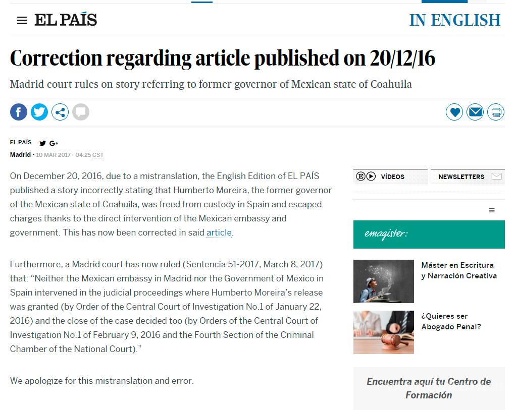 $!Reconoce diario El País traducción errónea en nota sobre Humberto Moreira