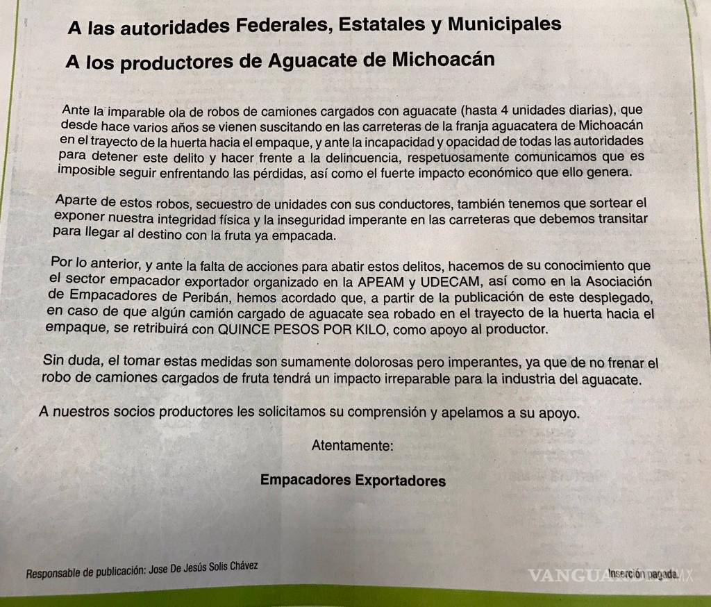 $!Aguacateros de Michoacán, en jaque por delincuencia