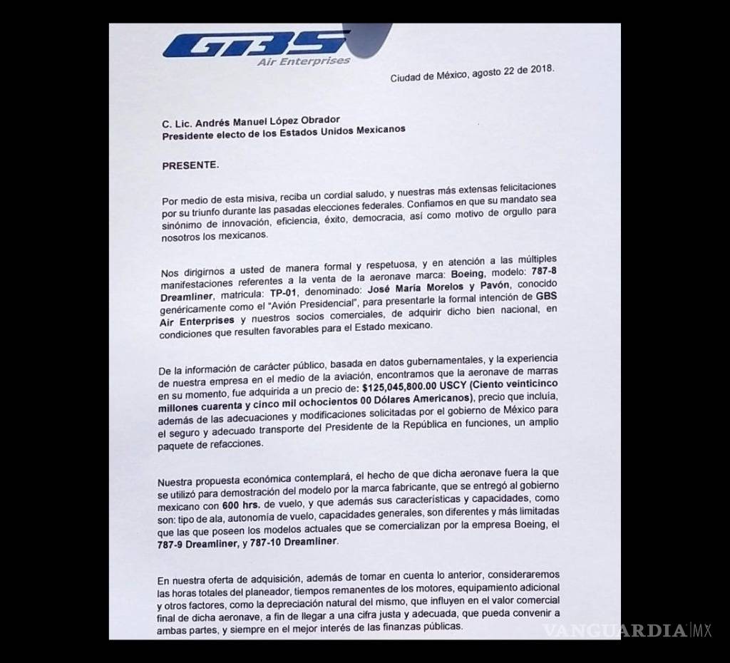 $!Avión presidencial tiene primer interesado en comprarlo: GBS Air Enterprises
