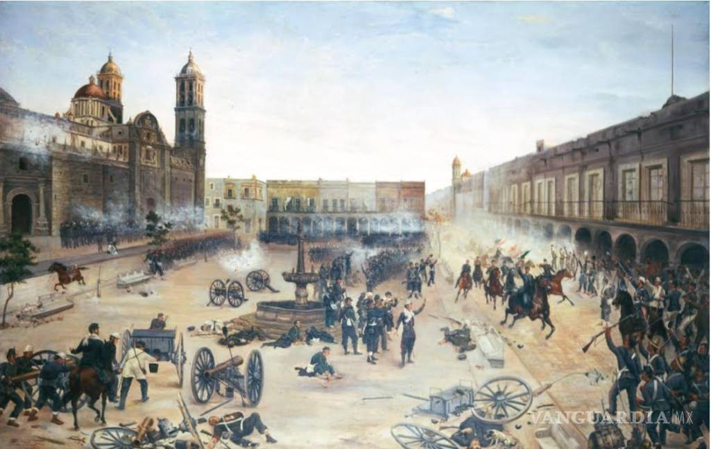 $!Cuadro de Francisco de Paula Mendoza (5 x 8.3 m). Batalla del 2 de abril de 1867 en Puebla. Las fuerzas republicanas bajo el mando del general Porfirio Díaz derrotaron al ejército francés. Col. Museo Soumaya.