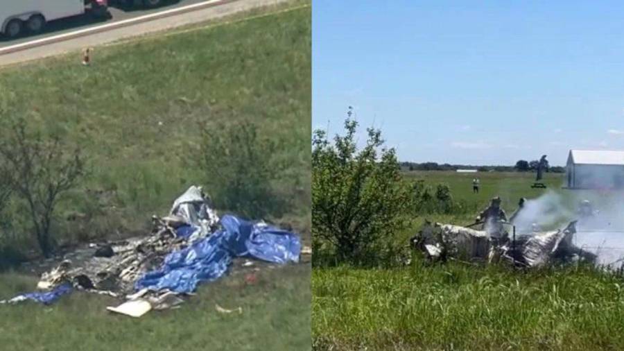 Un montón de metal azul y plateado retorcido y destrozado yacía en el césped cerca del Aeropuerto Memorial de Butler, con una enorme fila de vehículos de emergencia en una calle cercana.
