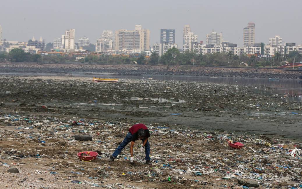 $!Un voluntario recoge desechos plásticos durante una campaña de limpieza de playas con motivo del Día de la Tierra 2022, en la playa de Mahim, India.