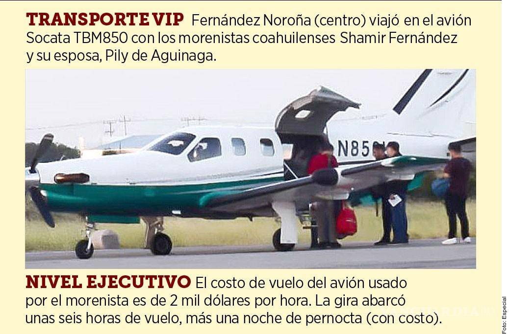 $!Noroña realiza gira en Coahuila con avión privado de lujo que cuesta 2 mil dólares por hora