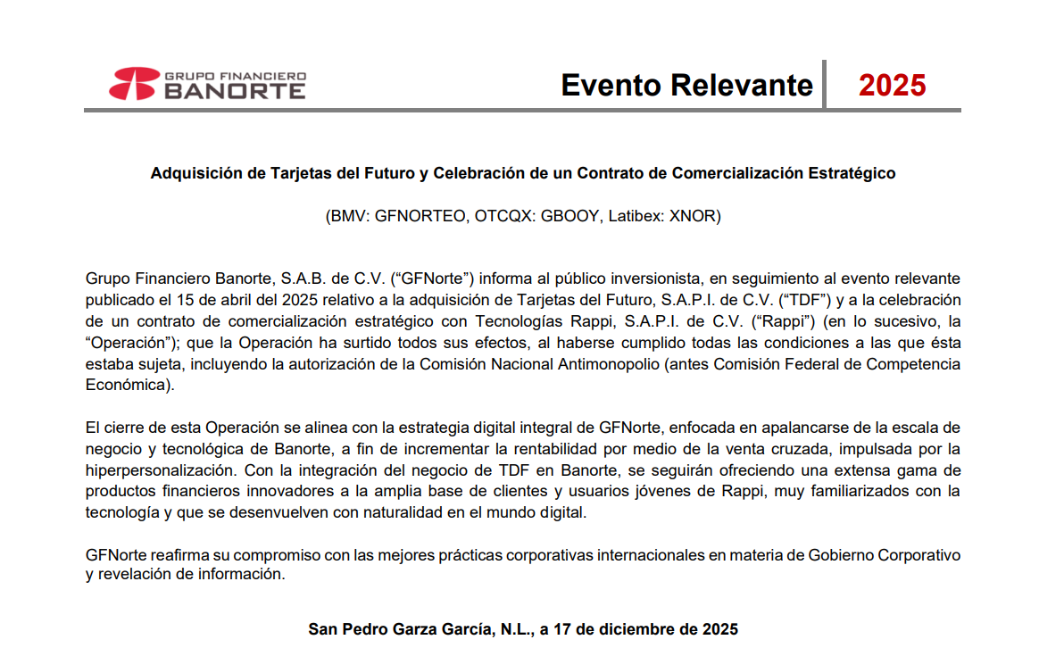 $!Banorte concreta adquisición de RappiCard tras aval regulatorio y fortalece su estrategia digital