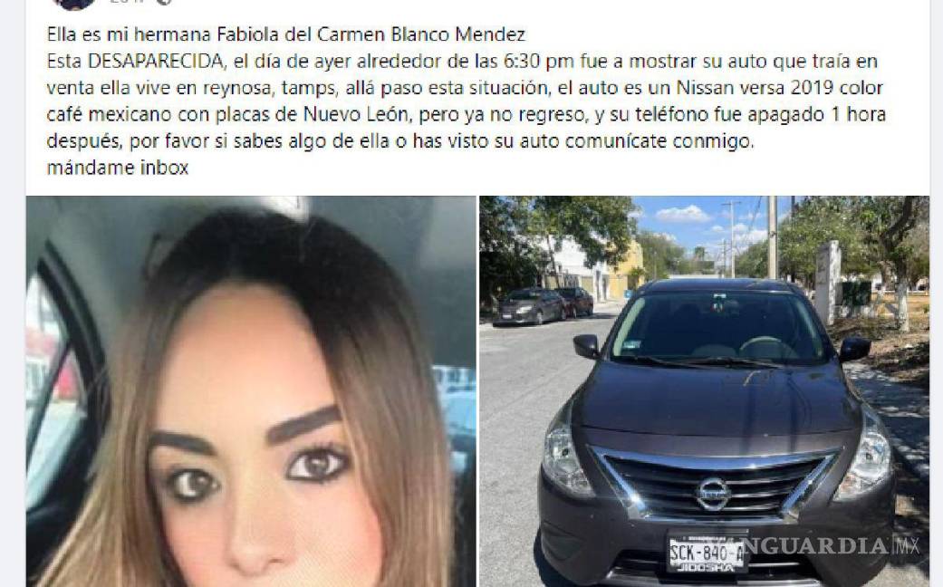 $!Fabiola desapareció en Tamaulipas, tras ir a vender su auto
