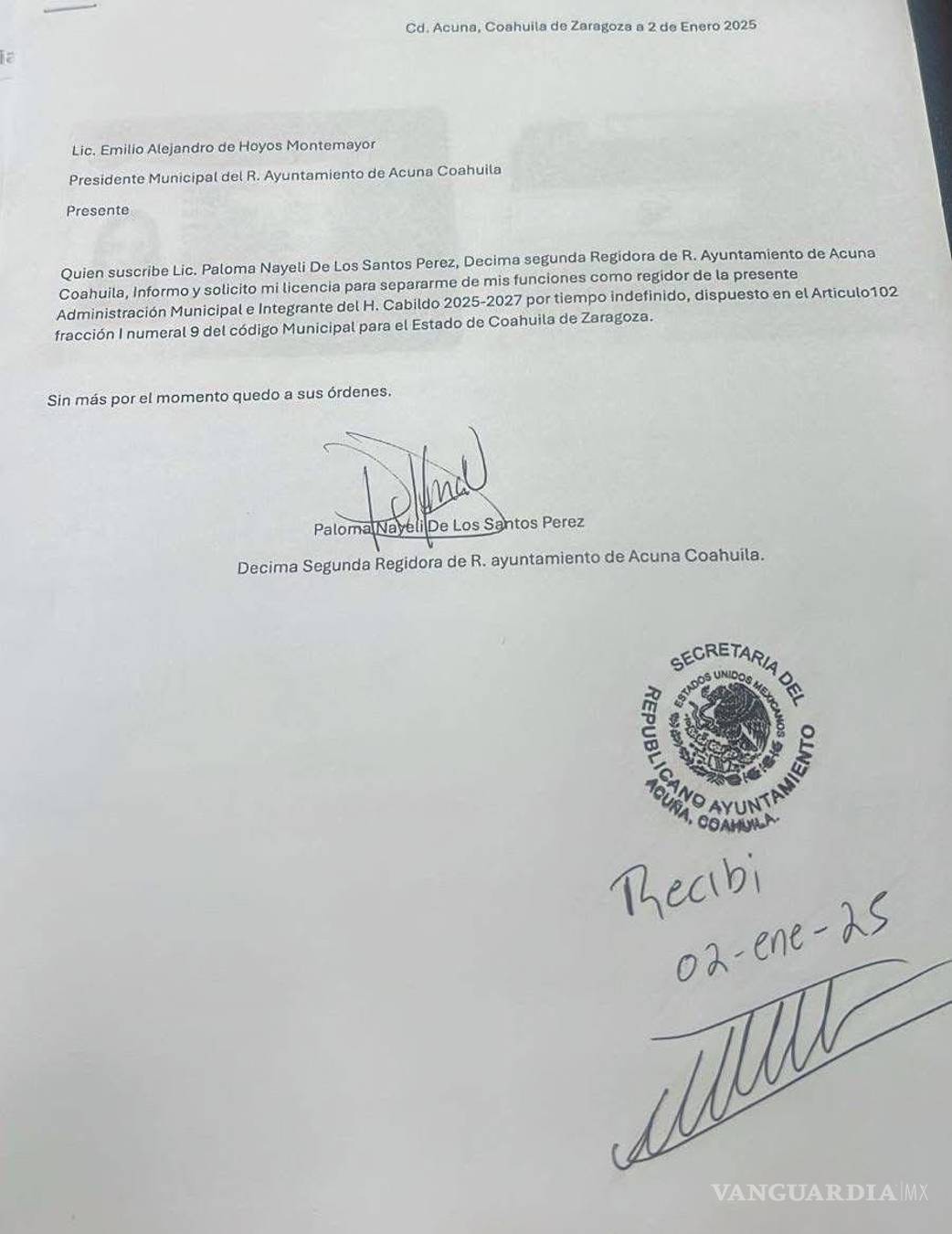 $!El documento presentado por la regidora ante el Presidente Municipal de Acuña, formaliza la solicitud de licencia indefinida.