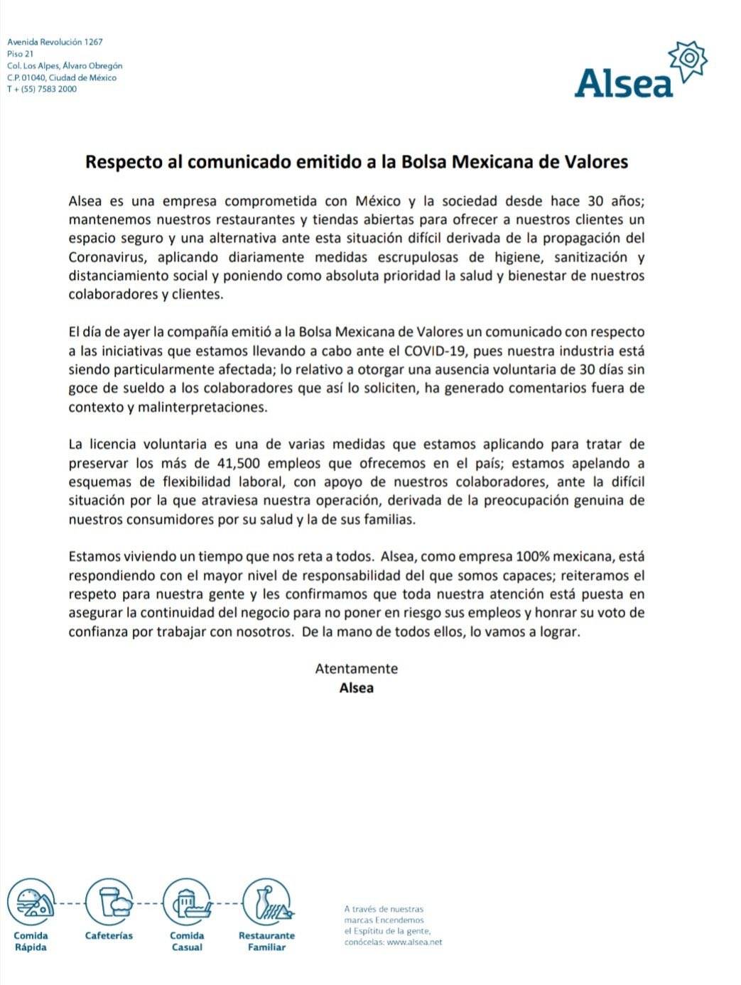 $!Se defiende Alsea de críticas tras anunciar permisos sin goce de sueldo por coronavirus
