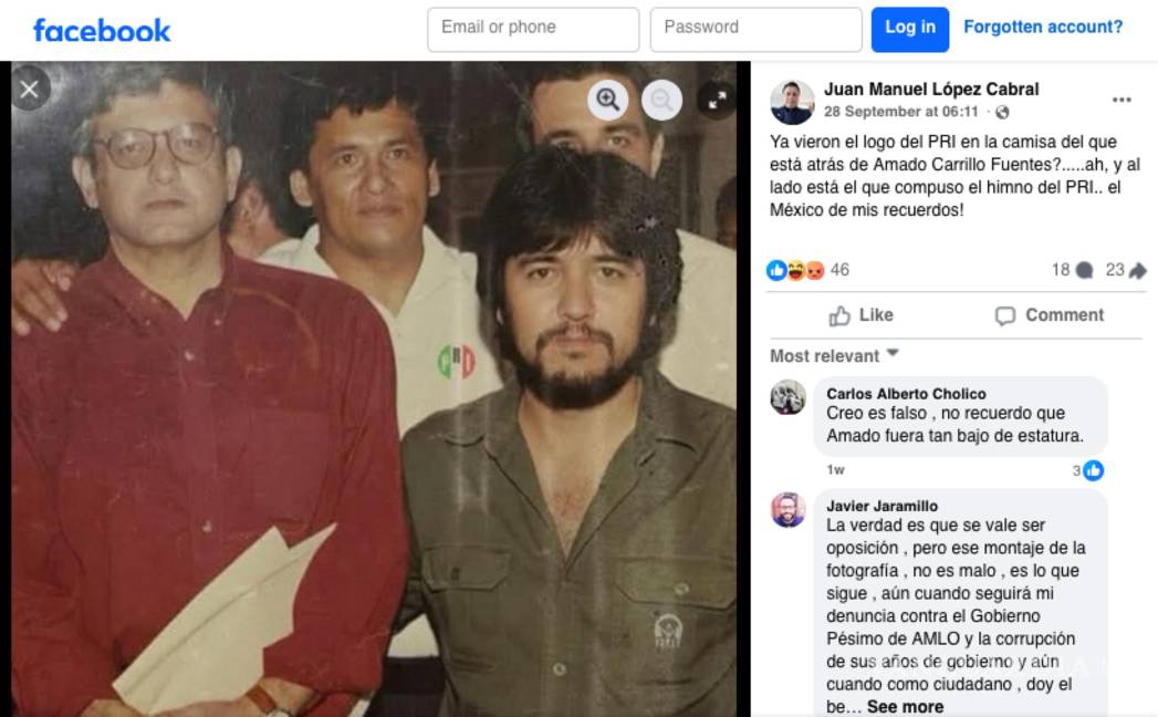$!“Ya vieron el logo del PRI en la camisa del que está atrás de Amado Carrillo Fuentes?.....ah, y al lado está el que compuso el himno del PRI.. el México de mis recuerdos!”, se lee en un texto publicado por un usuario en Facebook de la imagen que fue modificada a través de la inteligencia artificial.