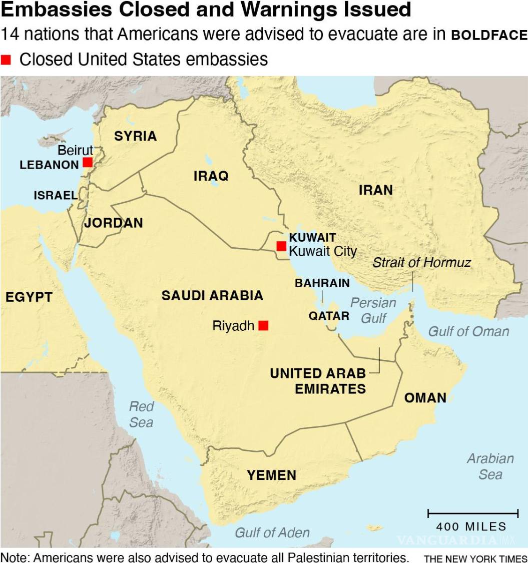 $!El gobierno de Estados Unidos cerró el martes sus embajadas en Arabia Saudita y Kuwait y ordenó la evacuación del personal no esencial en varios otros países.