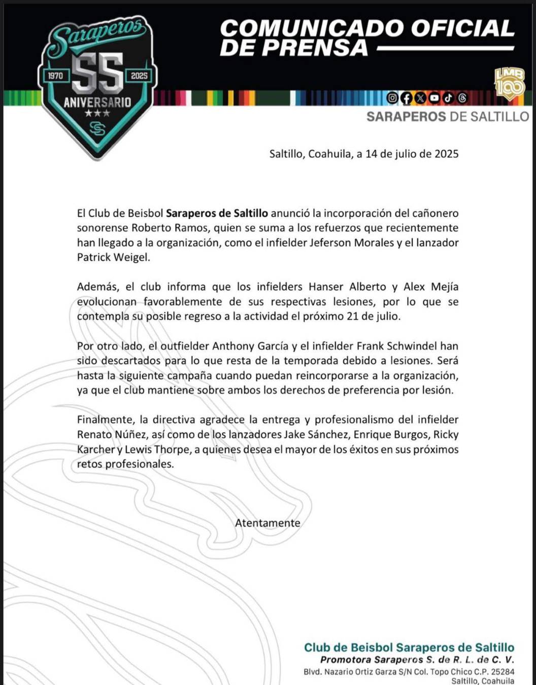 $!Saraperos de Saltillo suma a Roberto Ramos y alista regreso de Alex Mejía para cerrar temporada 2025