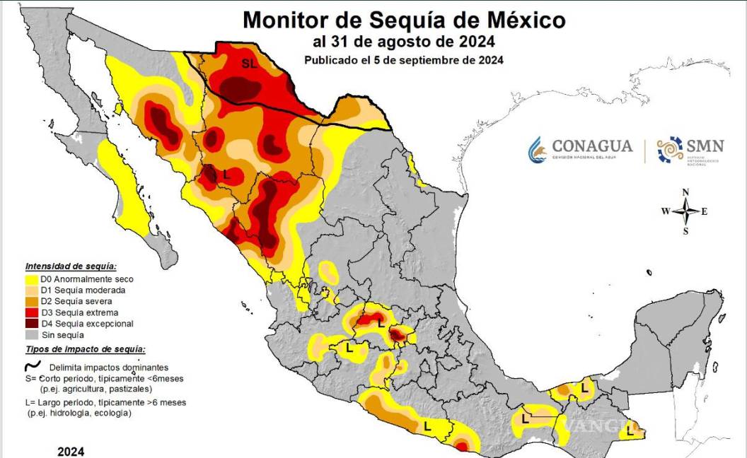 $!Así se ve el país y Coahuila, ya son pocos estados que presentan niveles excepcionales de sequía.