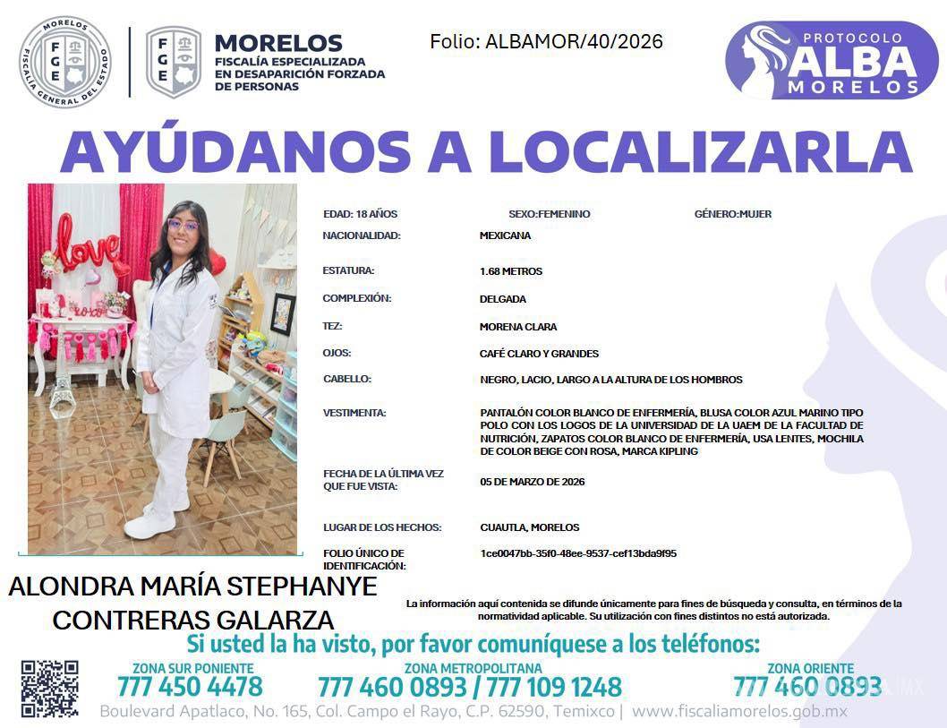 $!Desaparece Alondra María Stephanye Contreras, estudiante de Nutrición de la UAEM; es el tercer caso