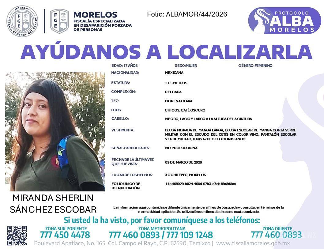 $!Desaparece Miranda Sherlin Sánchez Escobar, estudiante del CETIS en Morelos: Fiscalía