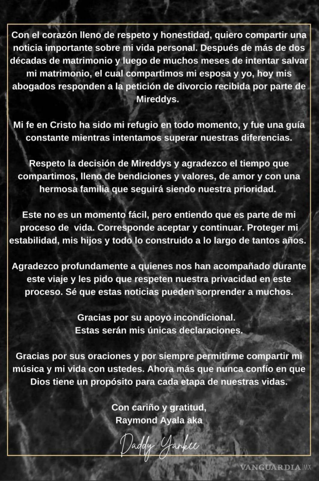 $!A través de su cuenta de Instagram, el reguetonero compartió un comunicado sobre su divorcio.