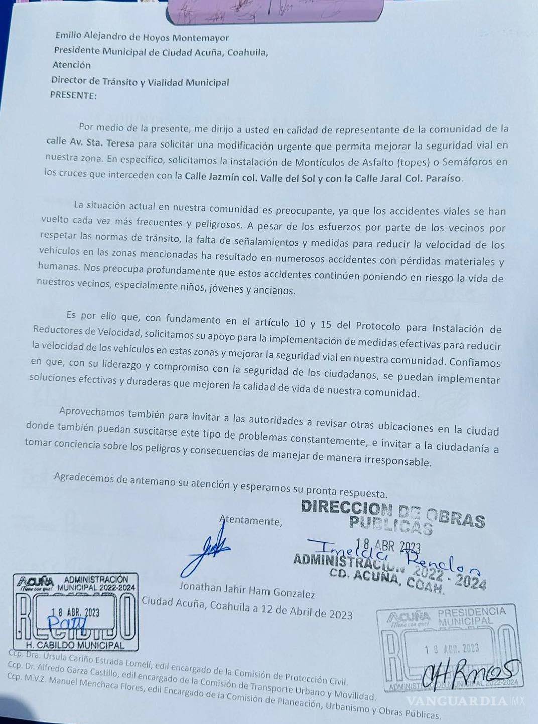 $!El escrito presentado fue rubricado a nombre de los ciudadanos firmantes por: Jonathan Jair Ham González y firmado y sellado de recibido por la Presidencia Municipal,