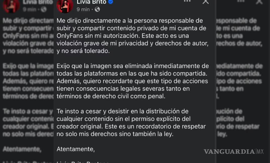 $!Livia Brito advirtió que tomará medidas legales contra la persona que filtró fotografías privadas de su cuenta de OnlyFans.