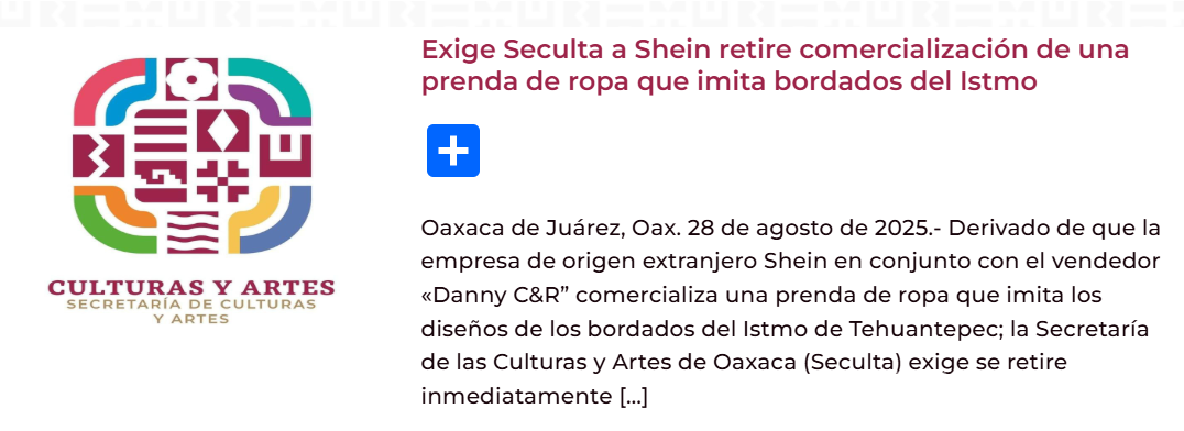 $!Oaxaca exige a Shein retirar prenda que imita bordados del Istmo de Tehuantepec por apropiación cultural
