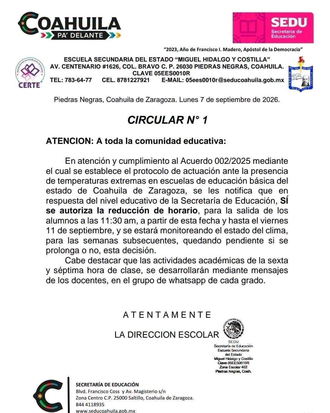 $!Comunicado de la escuela secundaria Miguel Hidalgo y Costilla publicado este martes.