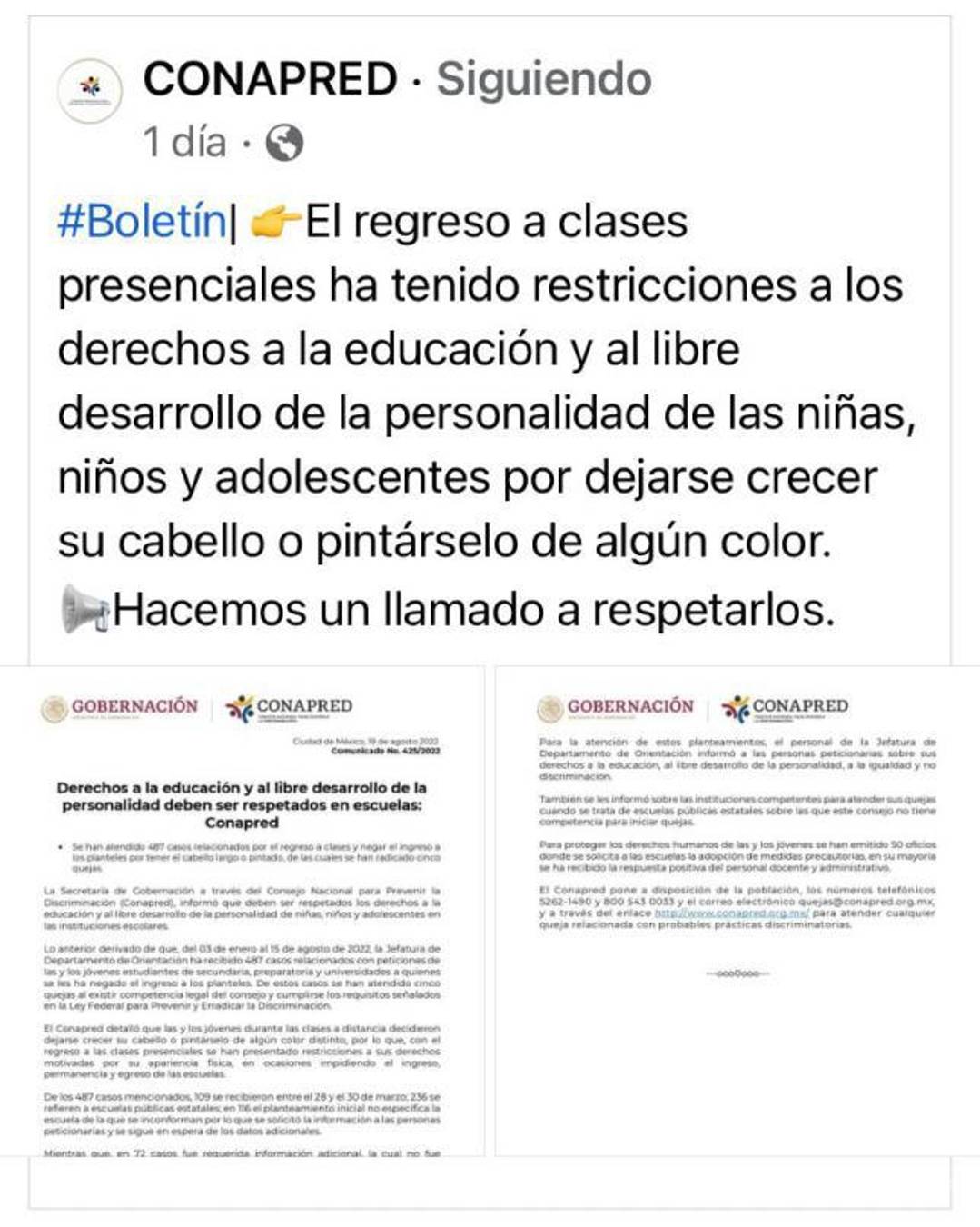 $!Comunicado del Conapred sobre las restricciones escolares por la apariencia física en niñas, niños y adolescentes.