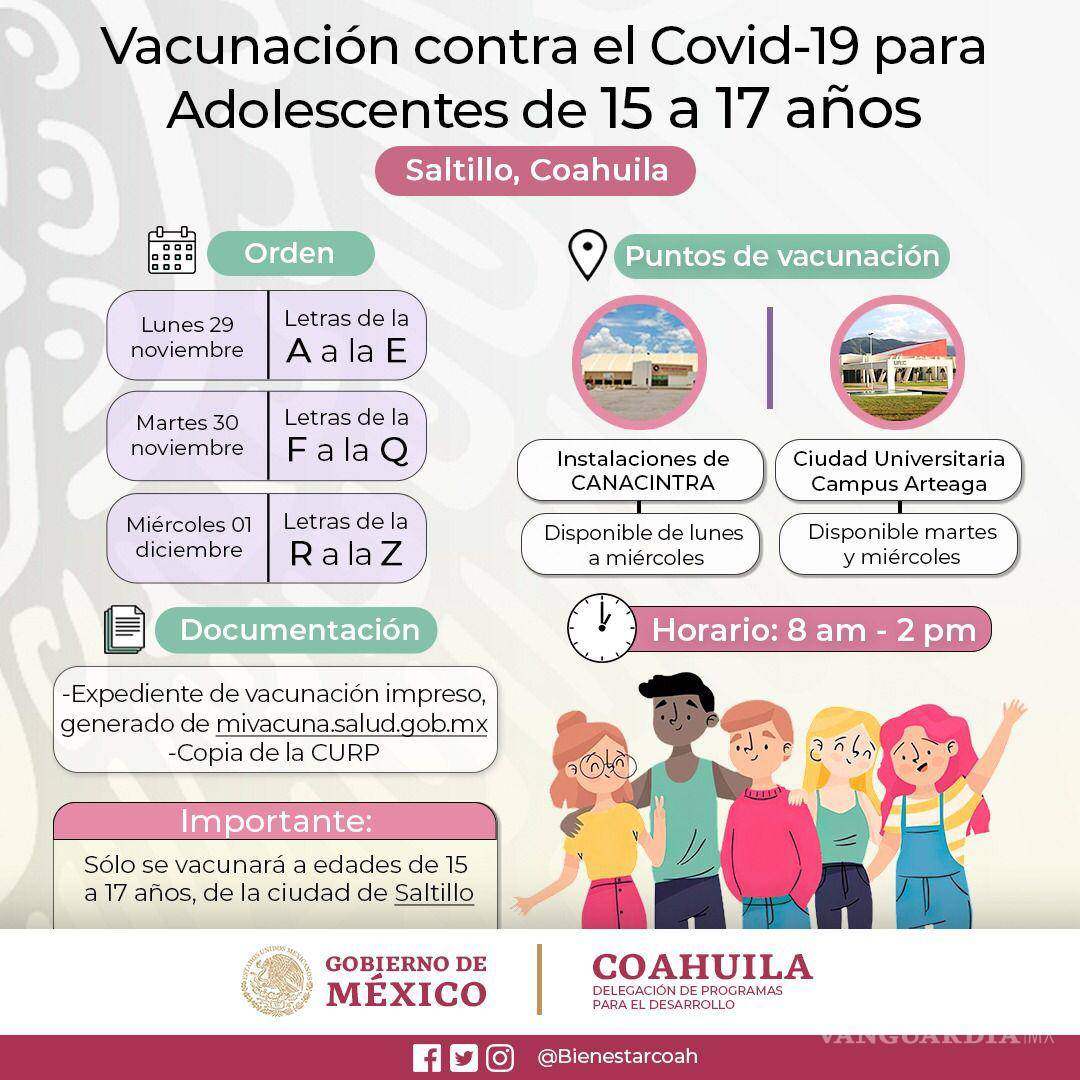 $!Anuncian vacunación COVID-19 para adolescentes de 15 a 17 años en Saltillo