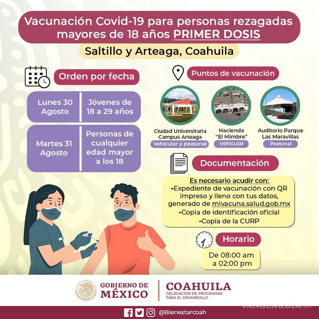 $!Anuncia Bienestar vacunación de rezagados y la segunda dosis para 18-29 años en Saltillo
