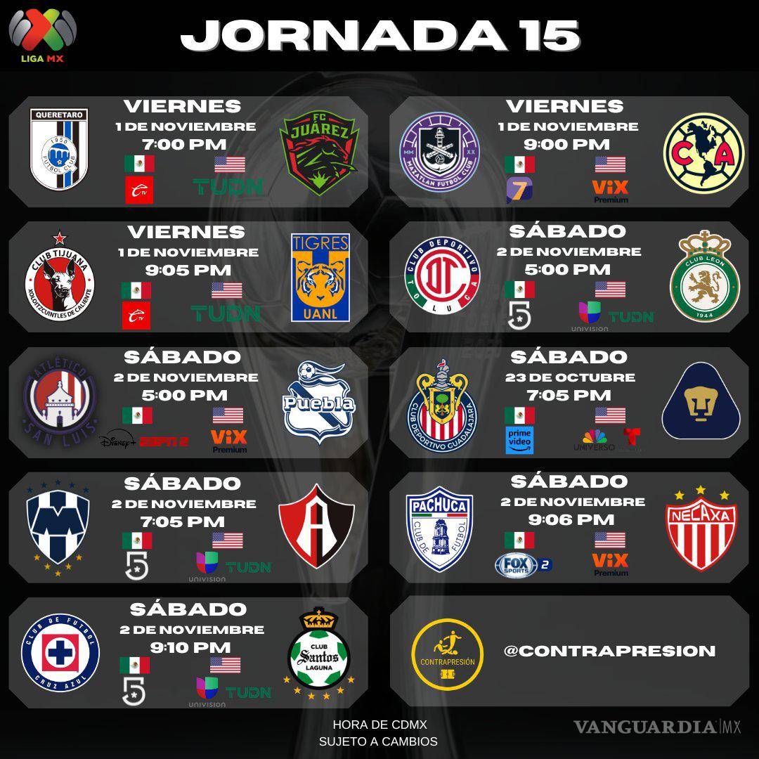 $!Estos son los encuentros que se disputarán en la Jornada 15 del Apertura 2024 de la Liga MX.