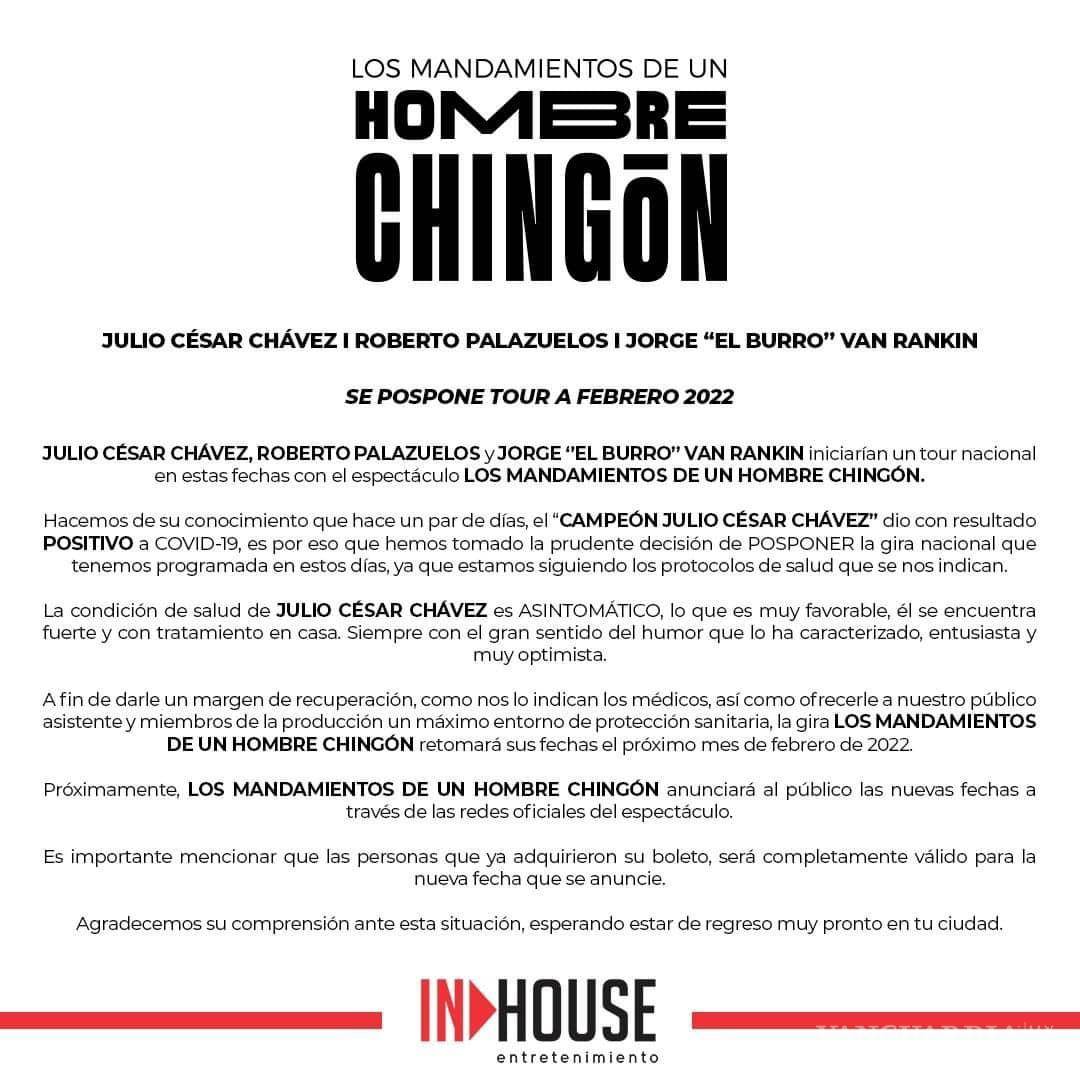 $!Según anunció la empresa que le firmó para una gira de teatro que tendrá que ser reprogramada ya para 2022.