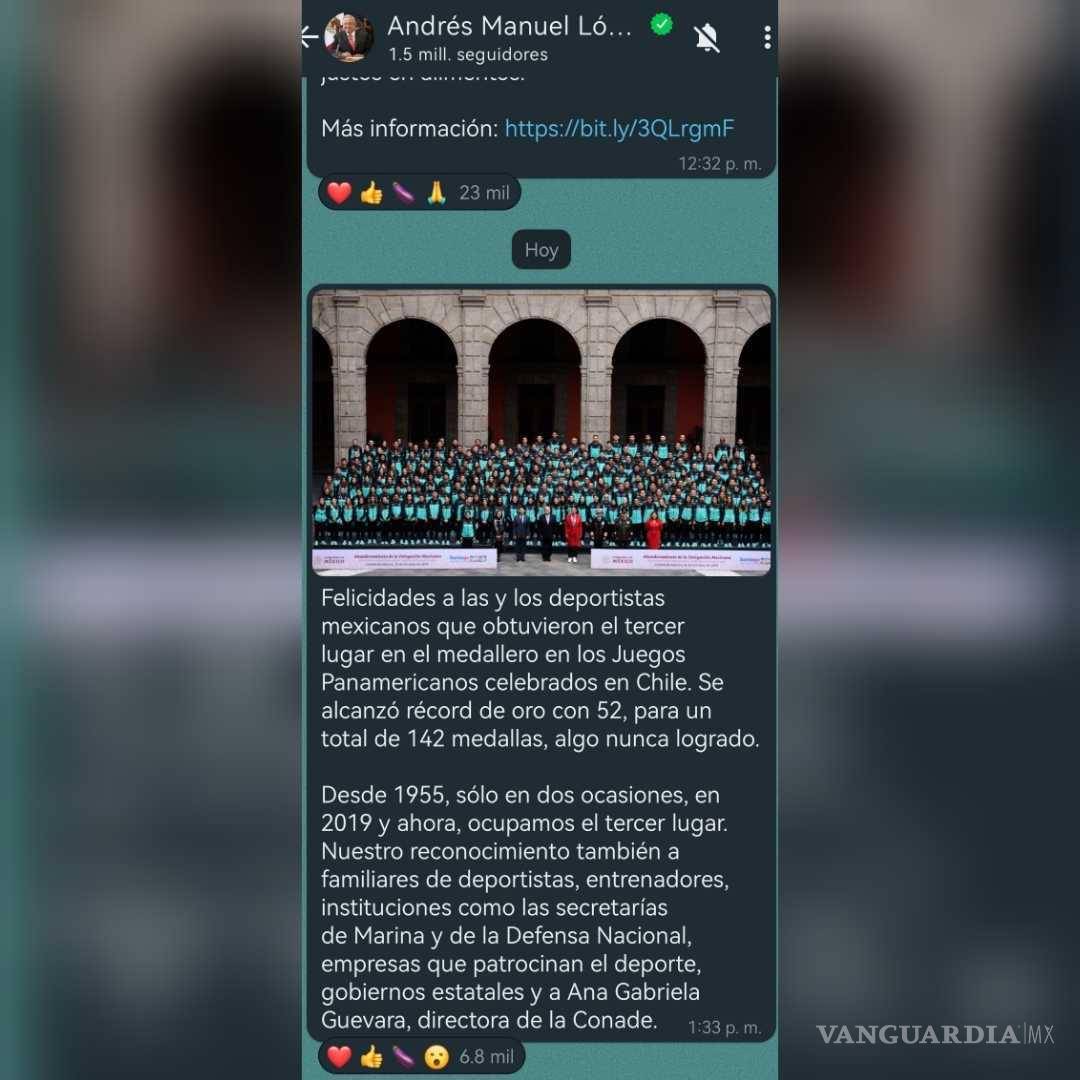$!Mensaje difundido a través del canal de Whatsapp de Andrés Manuel. FOTO: VAGUARDIA
