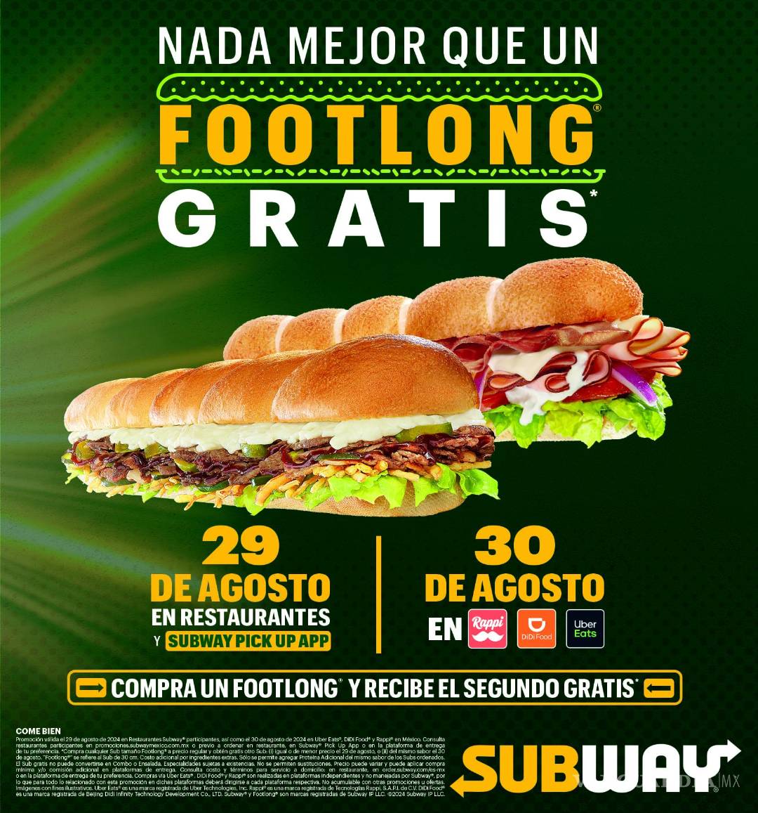 $!¡Footlong gratis en Subway! Todo lo que necesitas saber sobre la promoción del 29 y 30 de Agosto