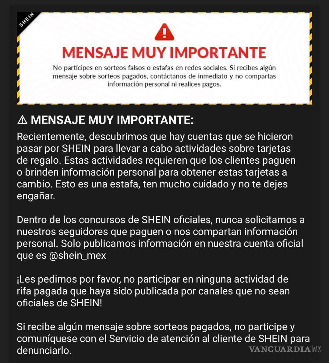 $!Comunicado de Shein que envió a sus compradores para advertirles sobre la estafa.