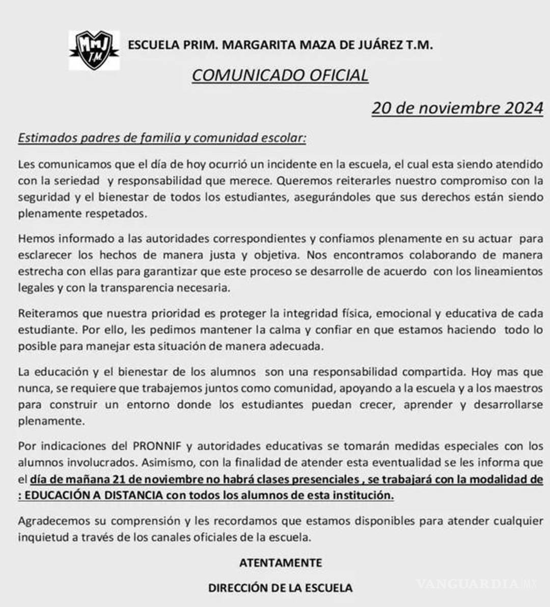 $!Comunicado emitido por el plantel.