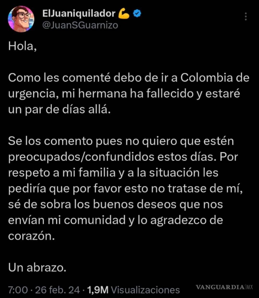 $!Juan Guarnizo informa a seguidores el fallecimiento de su hermana; viaja de emergencia a Colombia.