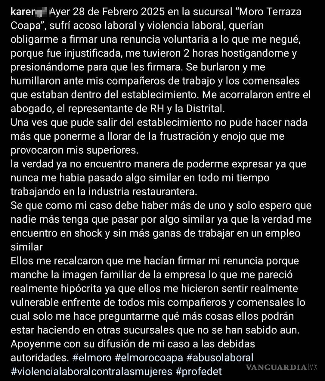 $!‘No me puede tocar’: empleada denuncia agresión, acoso y despido injustificado en Churrería El Moro (VIDEO)