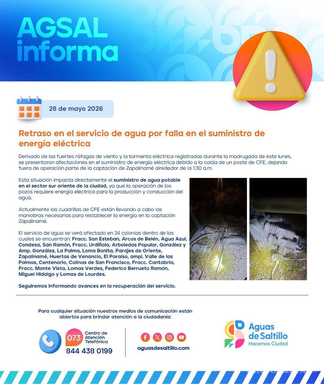 $!Colapso de poste de CFE deja sin agua a 24 colonias del suroriente de Saltillo